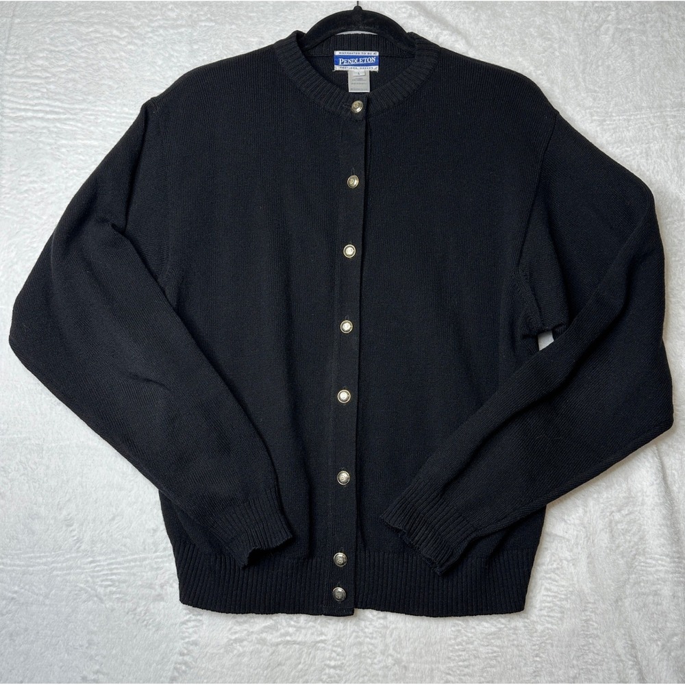 Pendleton Cardigan Sweater Women Large Black 100% Lambswool Crest Buttons